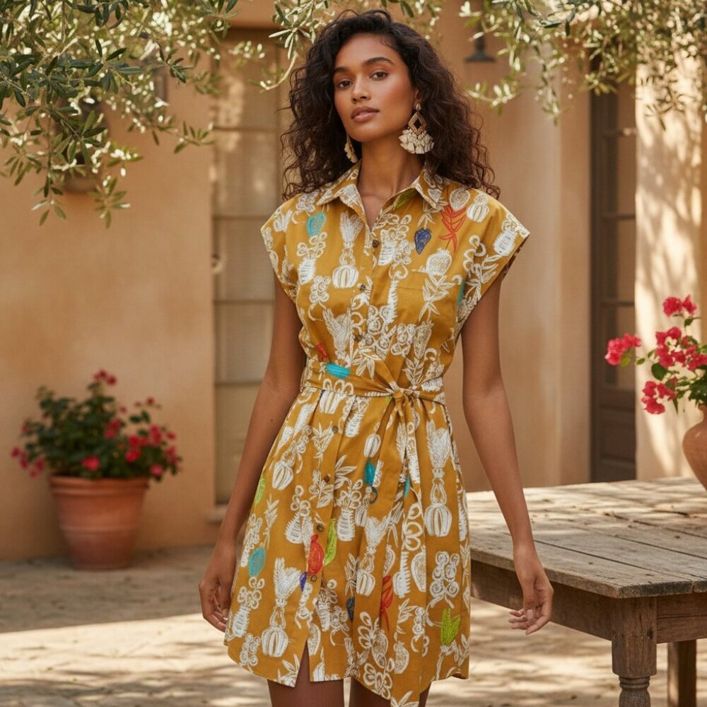 MAEVE ANTHRO Toni Tunic Dress M Tropical Tiki Print Button Down Shirt Dress - Picture 16 of 16